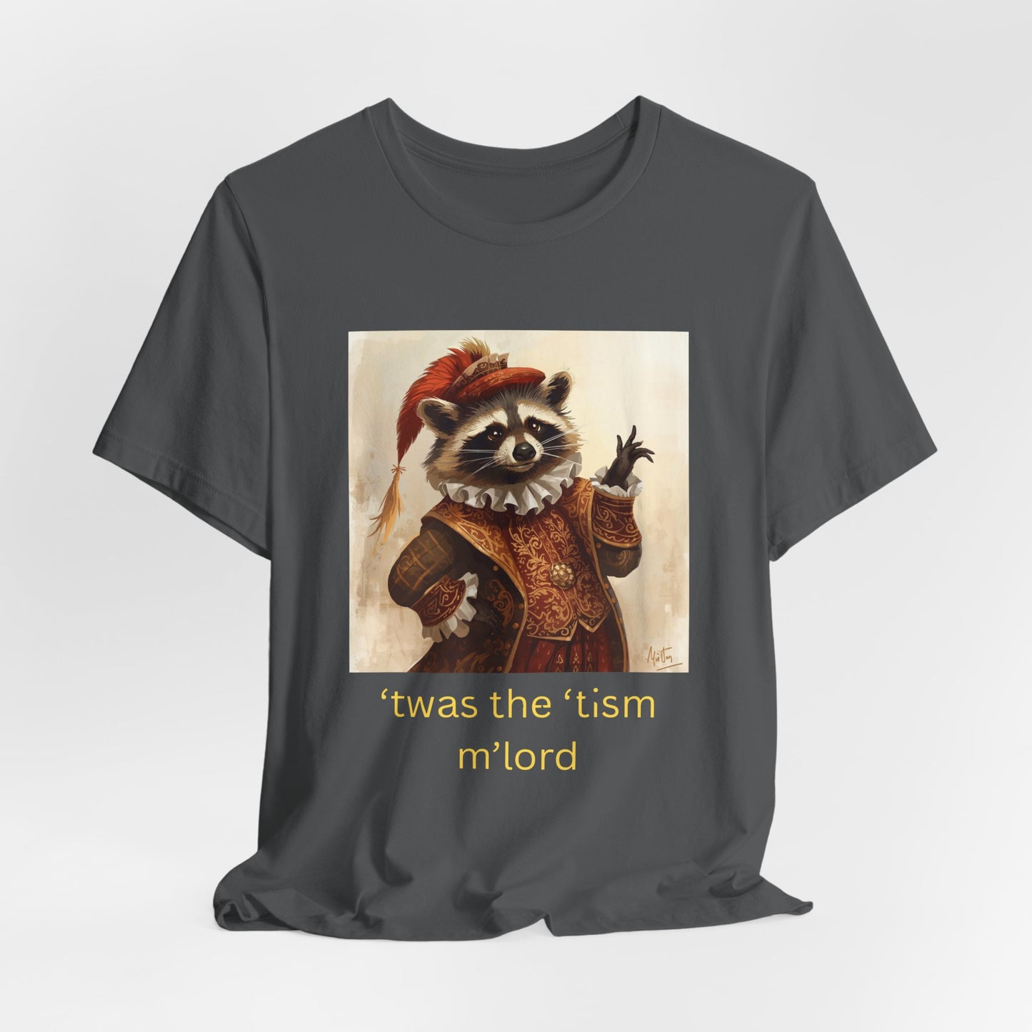 ’twas the ’tism m’lord Medieval Raccoon – T-Shirt | Overstimulated Humor | Roly Poly Print