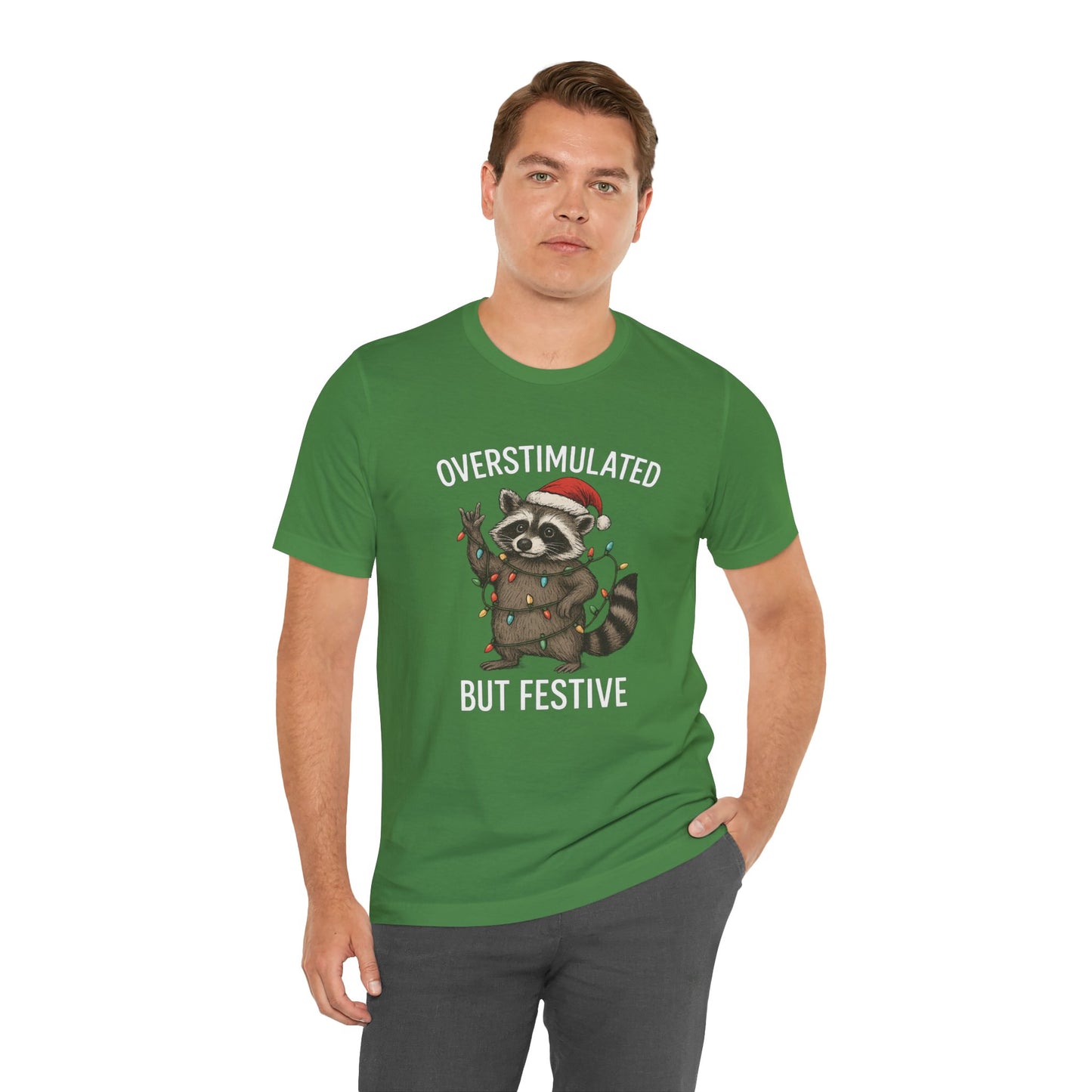 Overstimulated but Festive Raccoon - Christmas T-Shirt | Holiday | Roly Poly Print