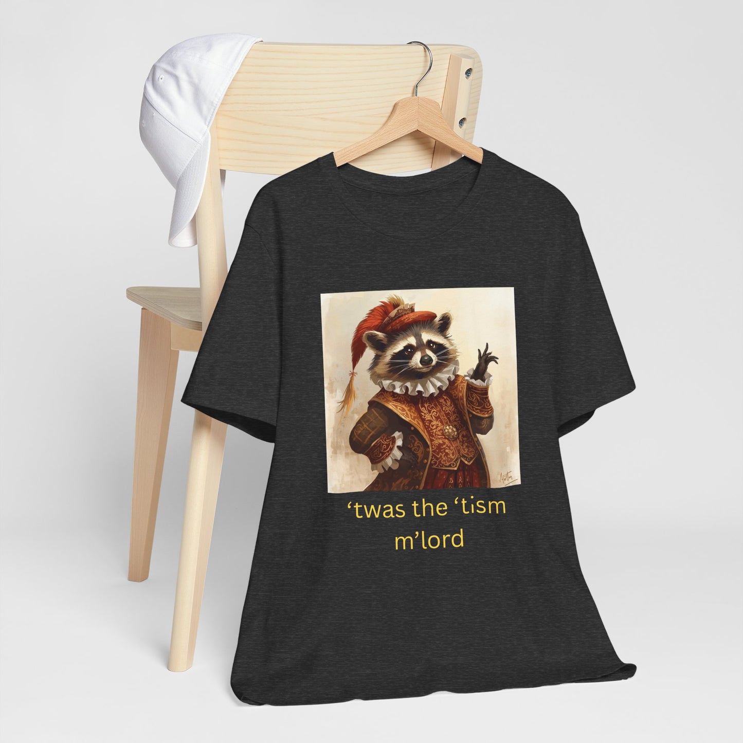 ’twas the ’tism m’lord Medieval Raccoon – T-Shirt | Overstimulated Humor | Roly Poly Print