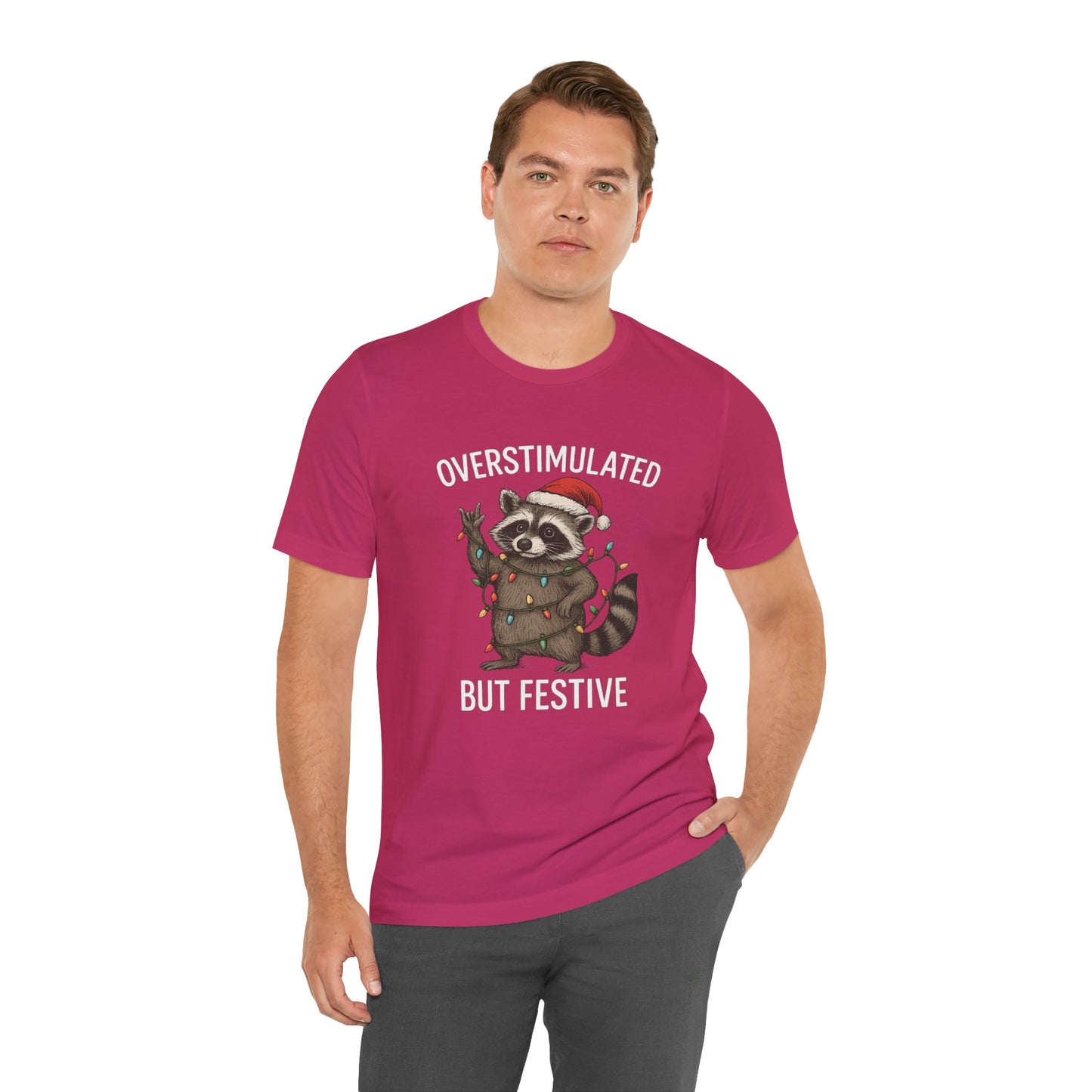 Overstimulated but Festive Raccoon - Christmas T-Shirt | Holiday | Roly Poly Print