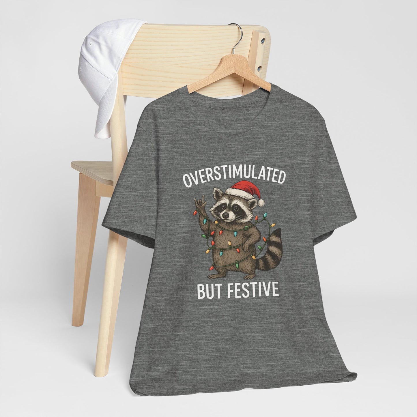 Overstimulated but Festive Raccoon - Christmas T-Shirt | Holiday | Roly Poly Print