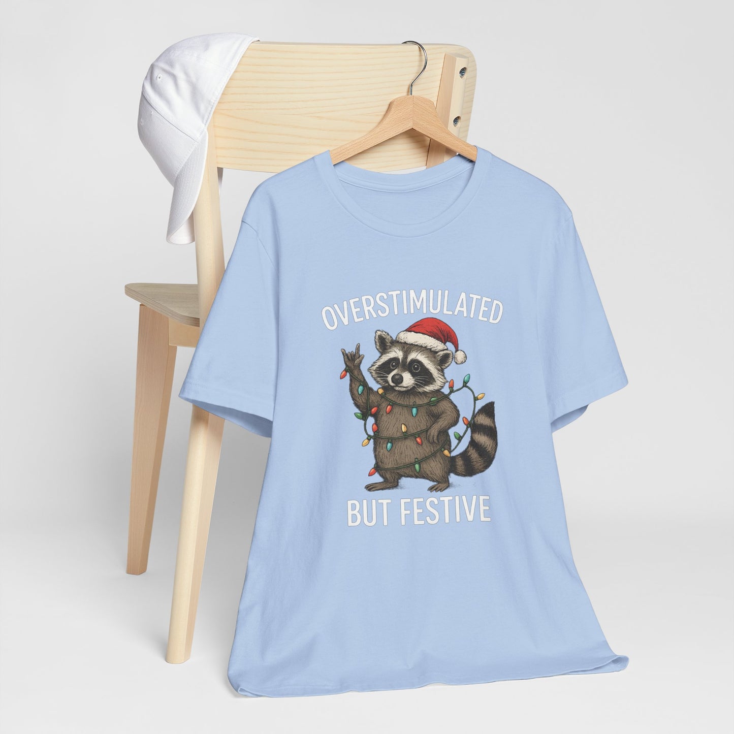 Overstimulated but Festive Raccoon - Christmas T-Shirt | Holiday | Roly Poly Print