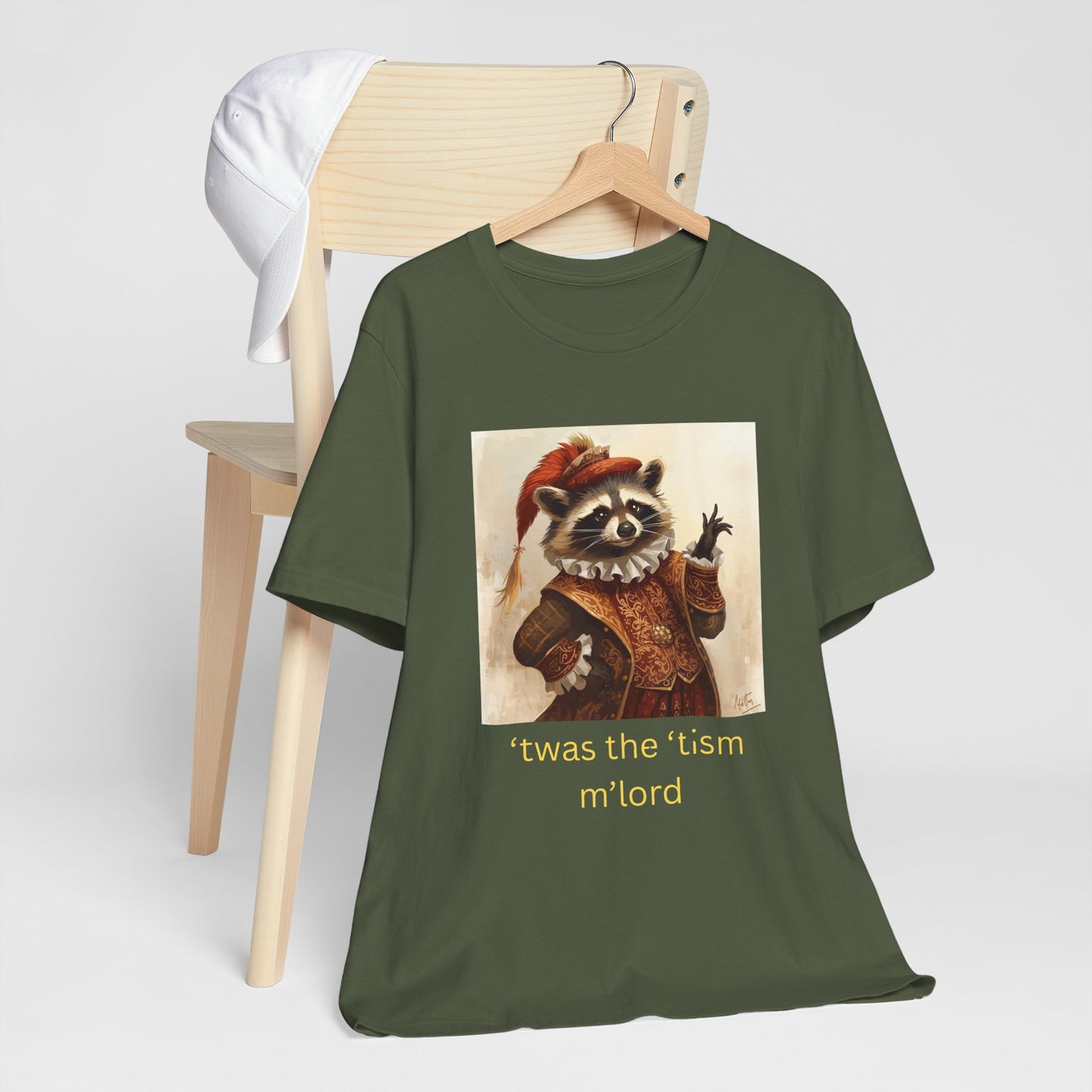 ’twas the ’tism m’lord Medieval Raccoon – T-Shirt | Overstimulated Humor | Roly Poly Print