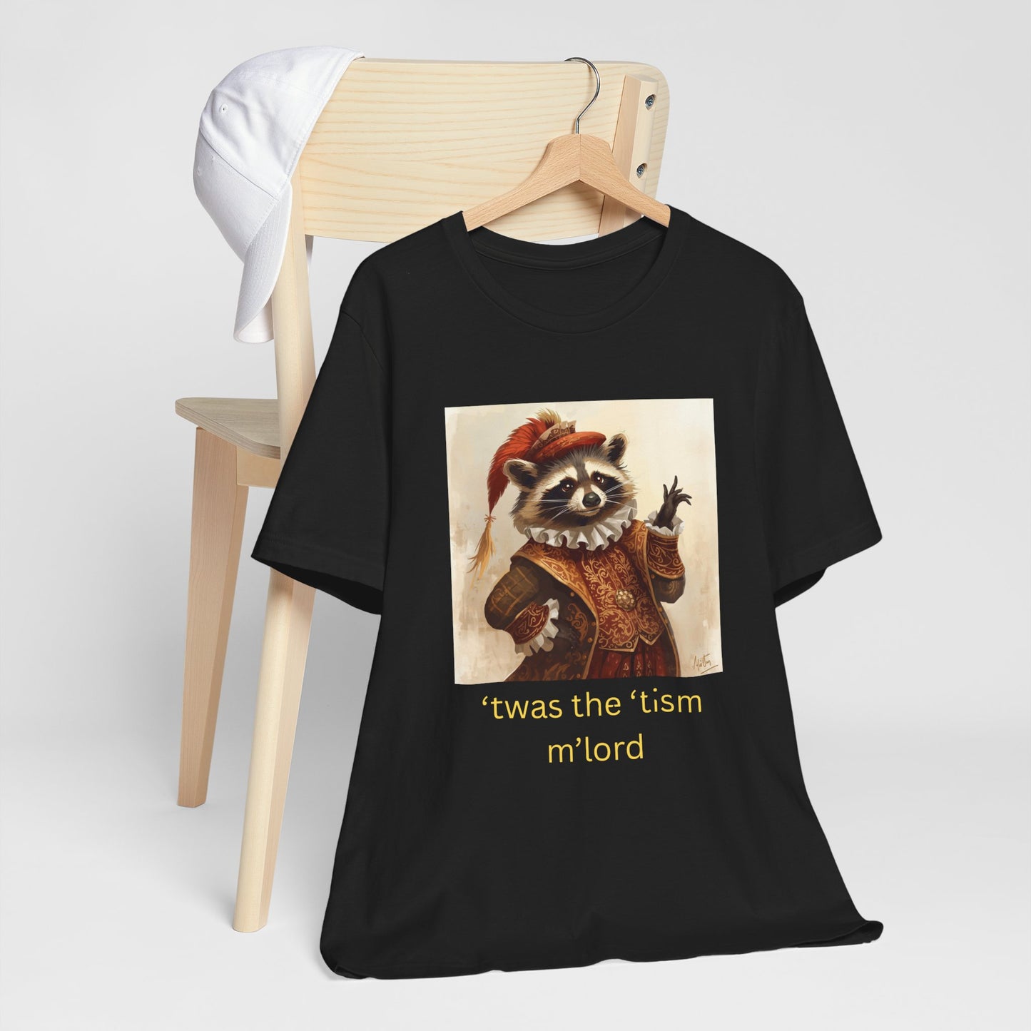 ’twas the ’tism m’lord Medieval Raccoon – T-Shirt | Overstimulated Humor | Roly Poly Print